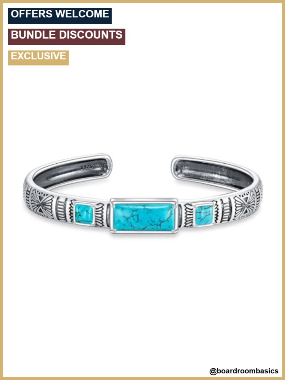 Sterling Silver Turquoise Boho Cuff Bracelet Adjustable 6.5-7.5" 925